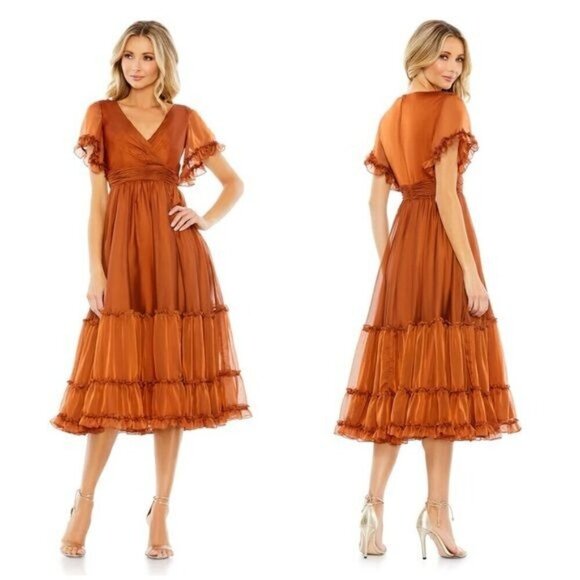 Mac Duggal 68018 Tea Length Ruffled Dress Sheer Flutter Sleeves Rust Size 4 NWT